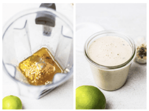 Ingredients in a blender, and a jar of a creamy salad dressing.